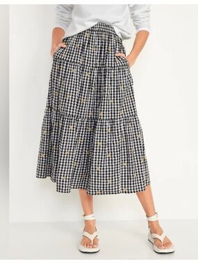 Old Navy Black & White Gingham Tiered Midi Skirt with Yellow Flower Accent